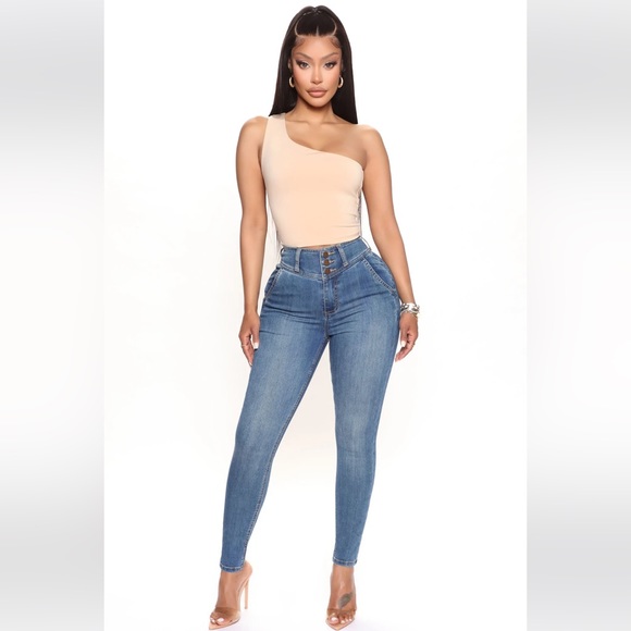 Fashion Nova Pants - Memphis exposed button skinny jeans medium blue wash